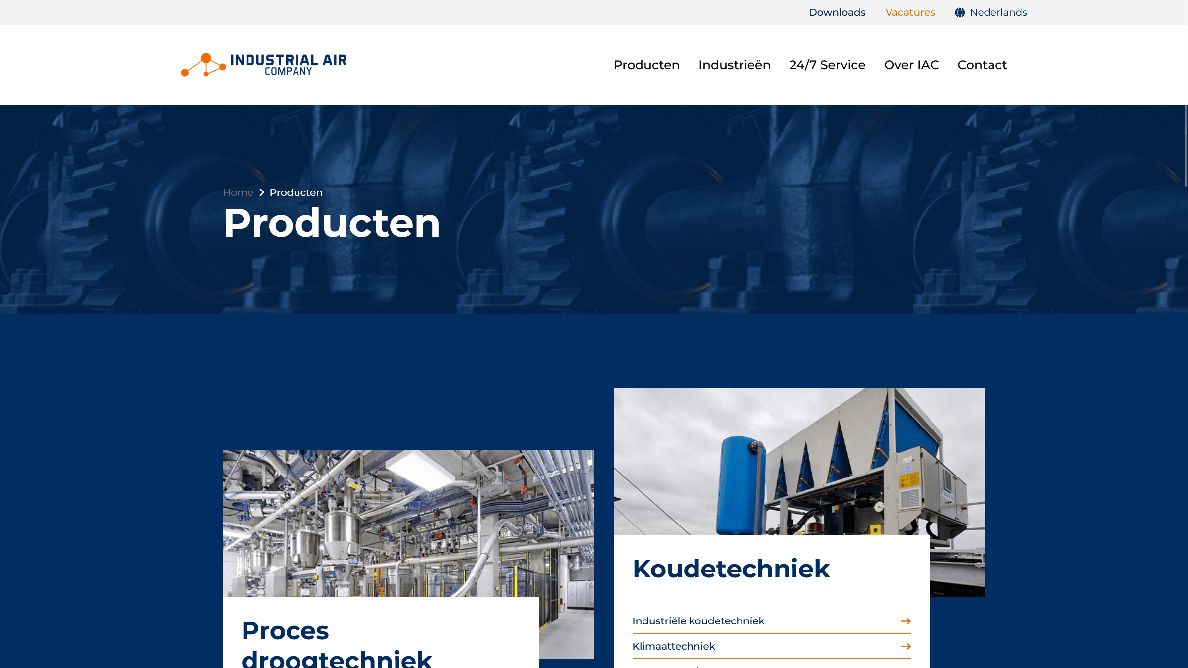 Industrial Air Company screenshot van de producten pagina.