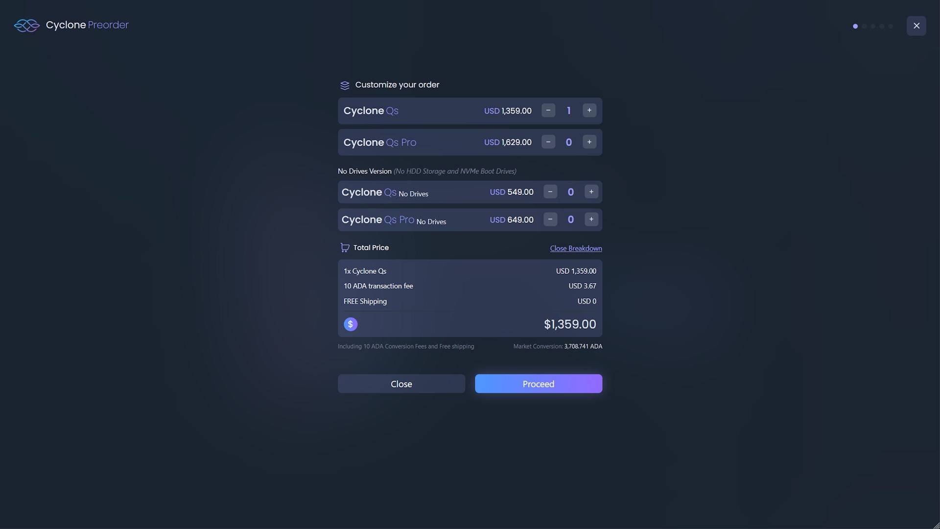 Screenshot van de product selectie voorafgaand aan het betalen met crypto voor Iagon Cyclone.